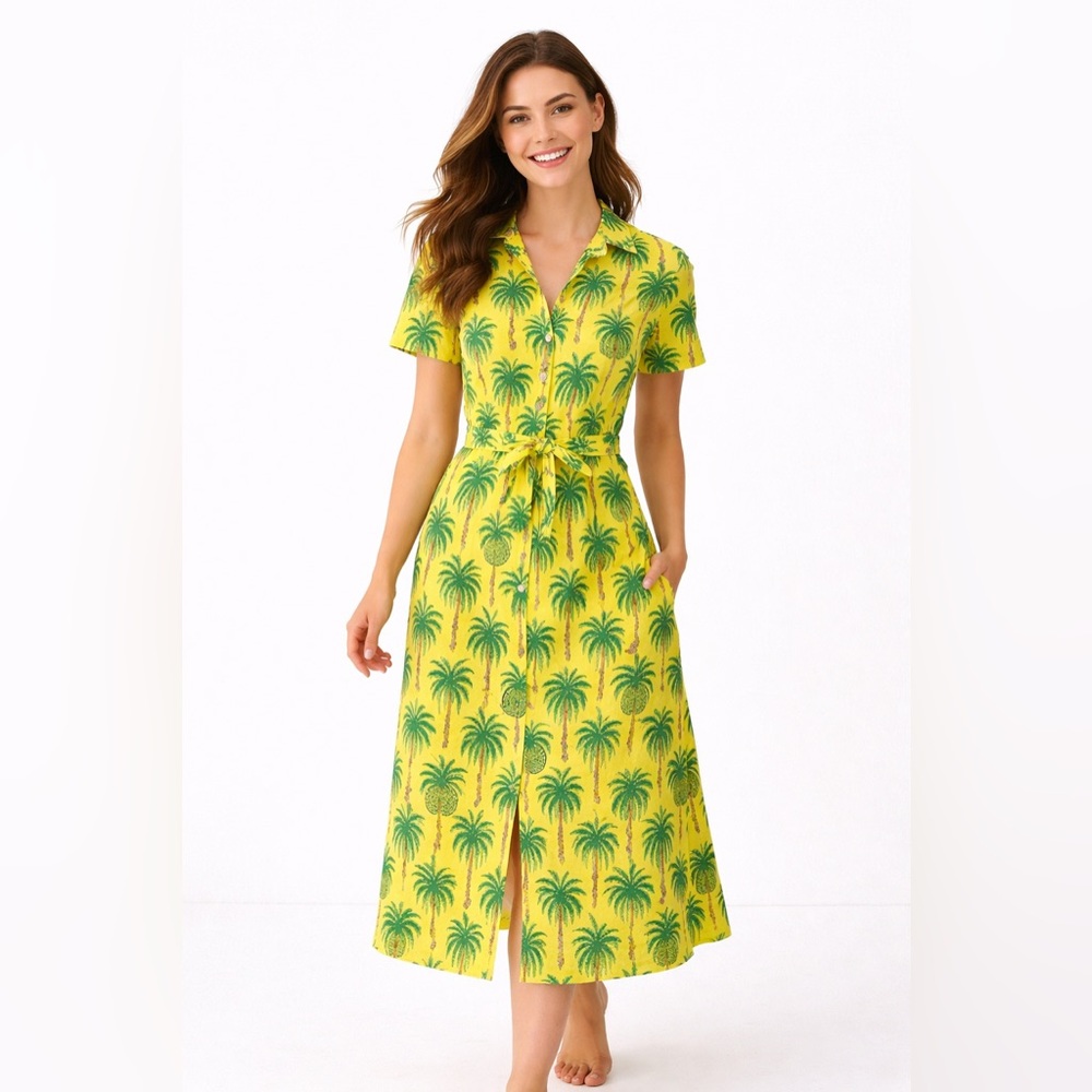 SUN SURF x BEAMS Yellow Palm Tree Aloha Shirt Dress | Hawaiian Resort Size S